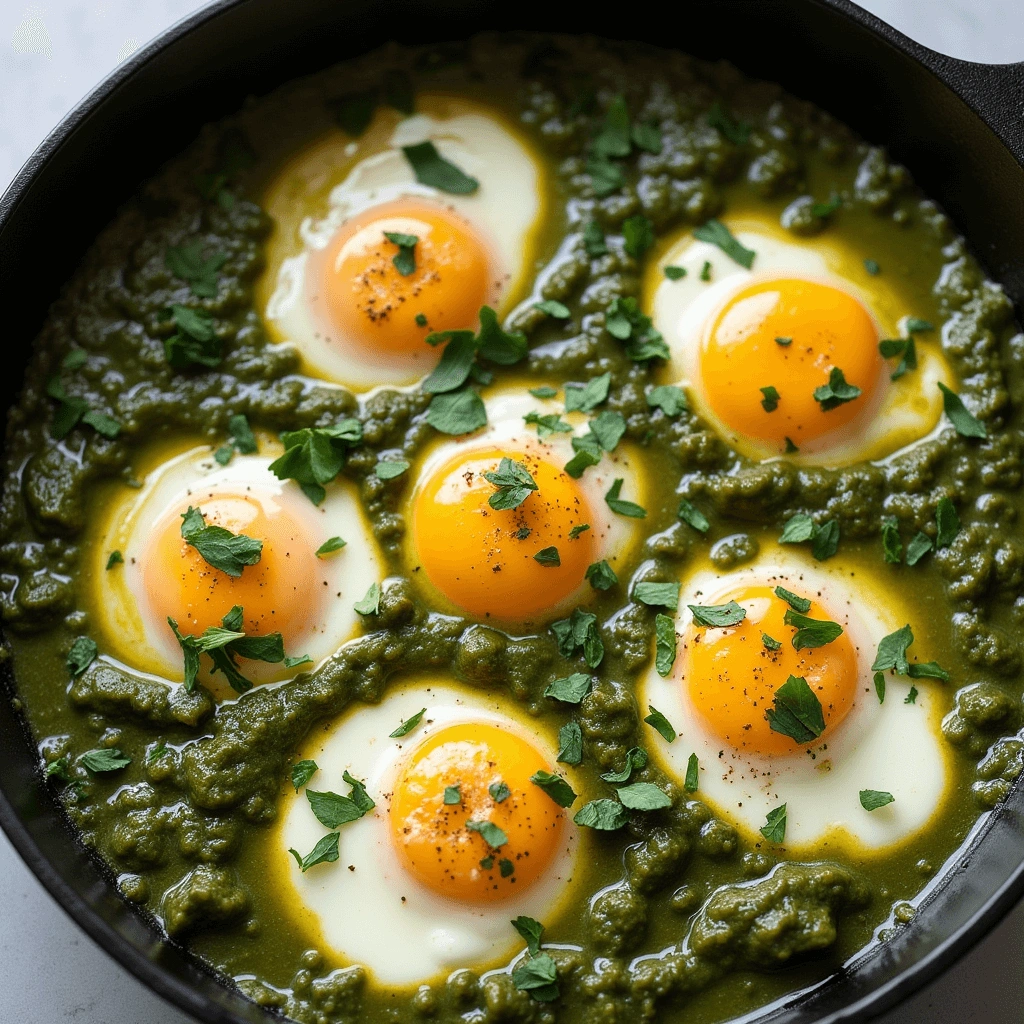 Green Shakshuka Recipe served in a skillet with vibrant green sauce and poached eggs