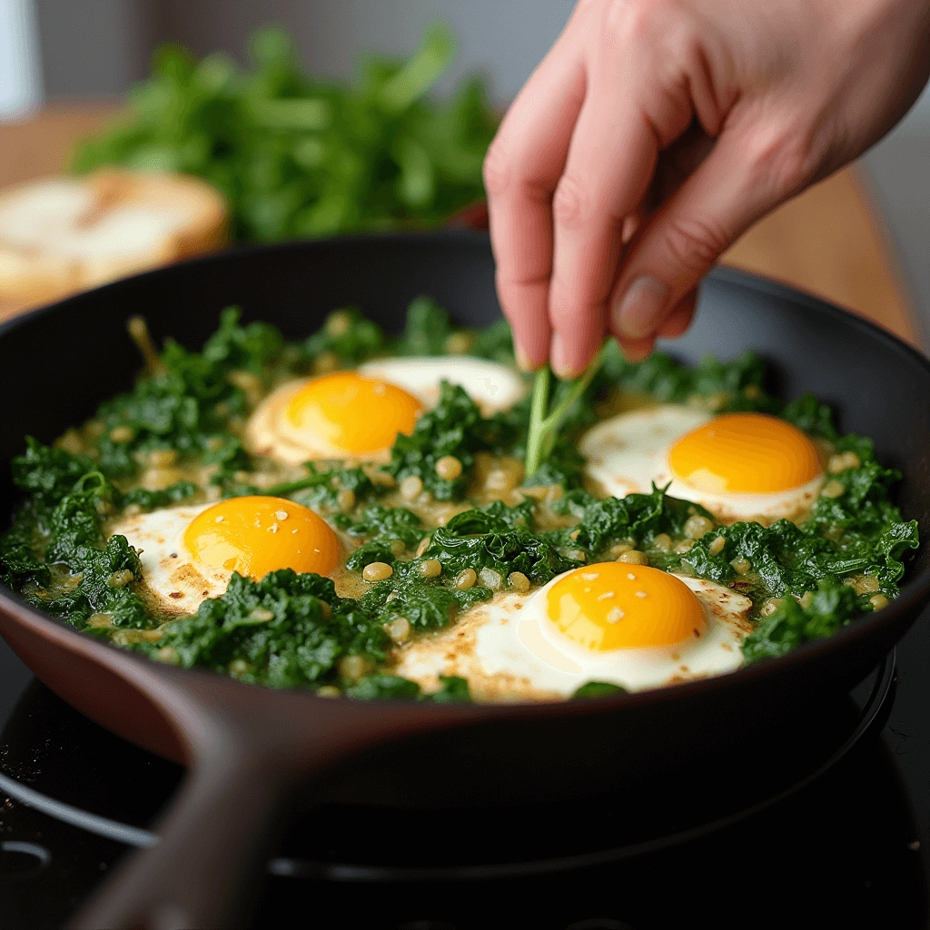 Green Shakshuka Recipe with wells in the sauce, ready for eggs to be cracked into.