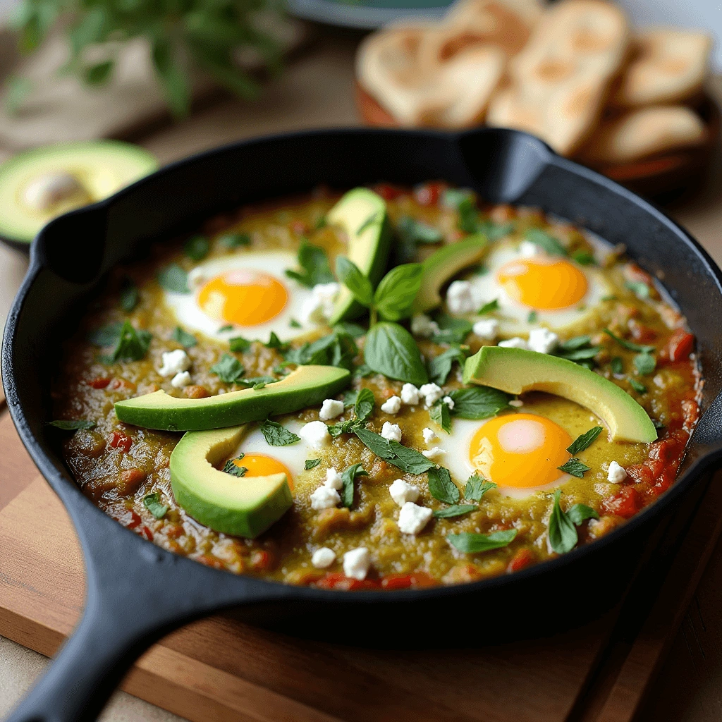 Green Shakshuka Recipe served with poached eggs, garnished with fresh herbs and feta cheese