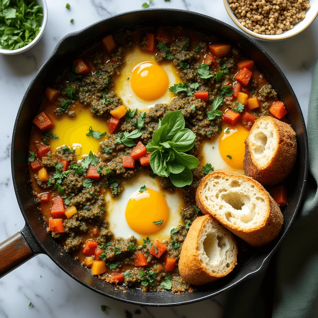 "Green Shakshuka Recipe served with slices of warm crusty bread for dipping.