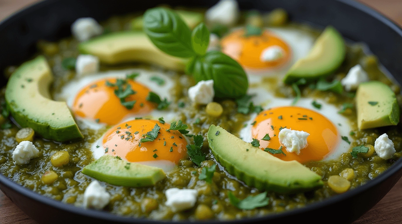 Green Shakshuka Recipe served in a skillet, showcasing poached eggs, vibrant green sauce, and fresh toppings