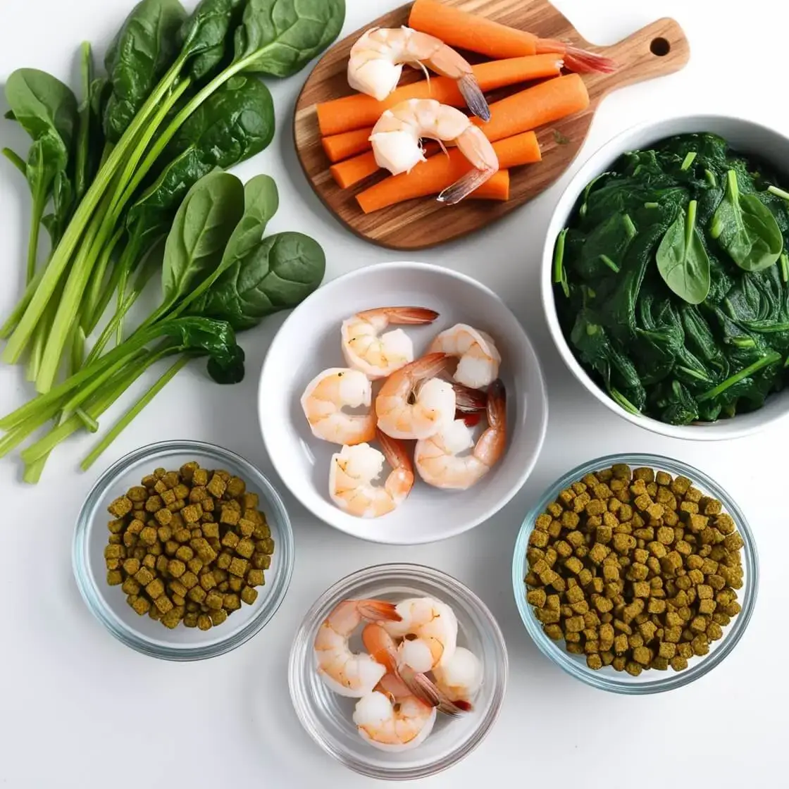 Realistic homemade fish food recipe with fresh spinach, shrimp, and protein pellets