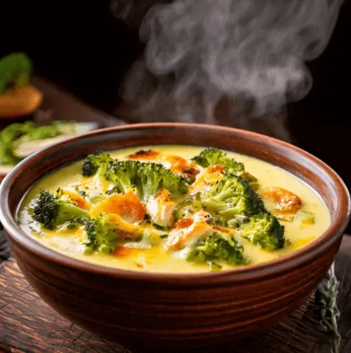 A bowl of creamy chicken broccoli cheddar soup with chicken, broccoli, and melted cheddar cheese in a rustic kitchen setting