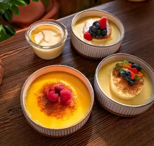 Different types of custard in bowls, including baked, stirred, and set custard