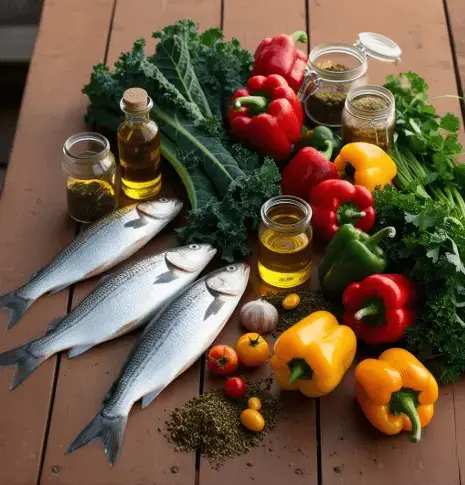 Homemade fish feed ingredients including fish, vegetables, and oil on a wooden table, showcasing a sustainable DIY fish food process.