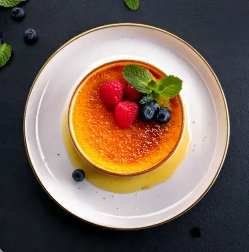 Crème brûlée made with store-bought custard, featuring a golden caramelized sugar topping, smooth custard base, fresh berries, and mint, showcasing easy preparation.