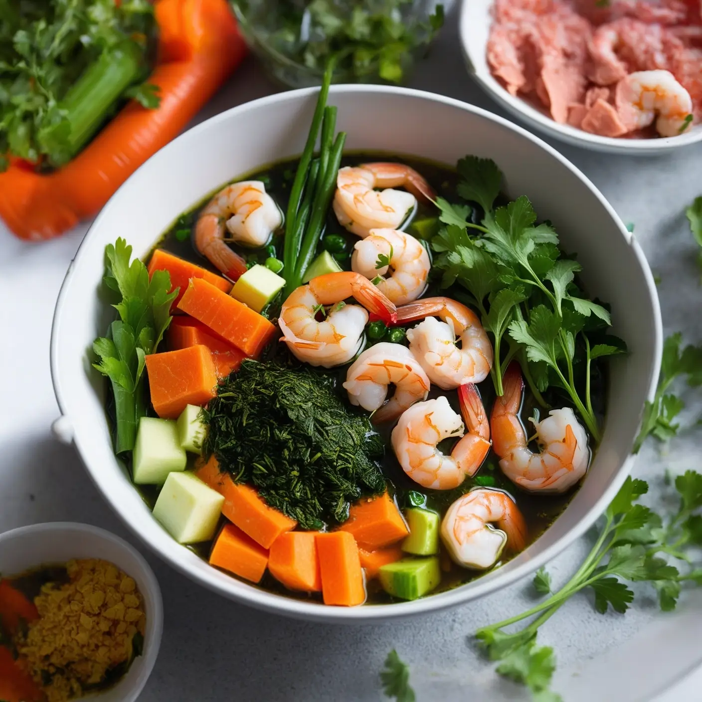 Close-up of homemade fish food recipe made with fresh vegetables, shrimp, spirulina, and fish flakes in a bowl