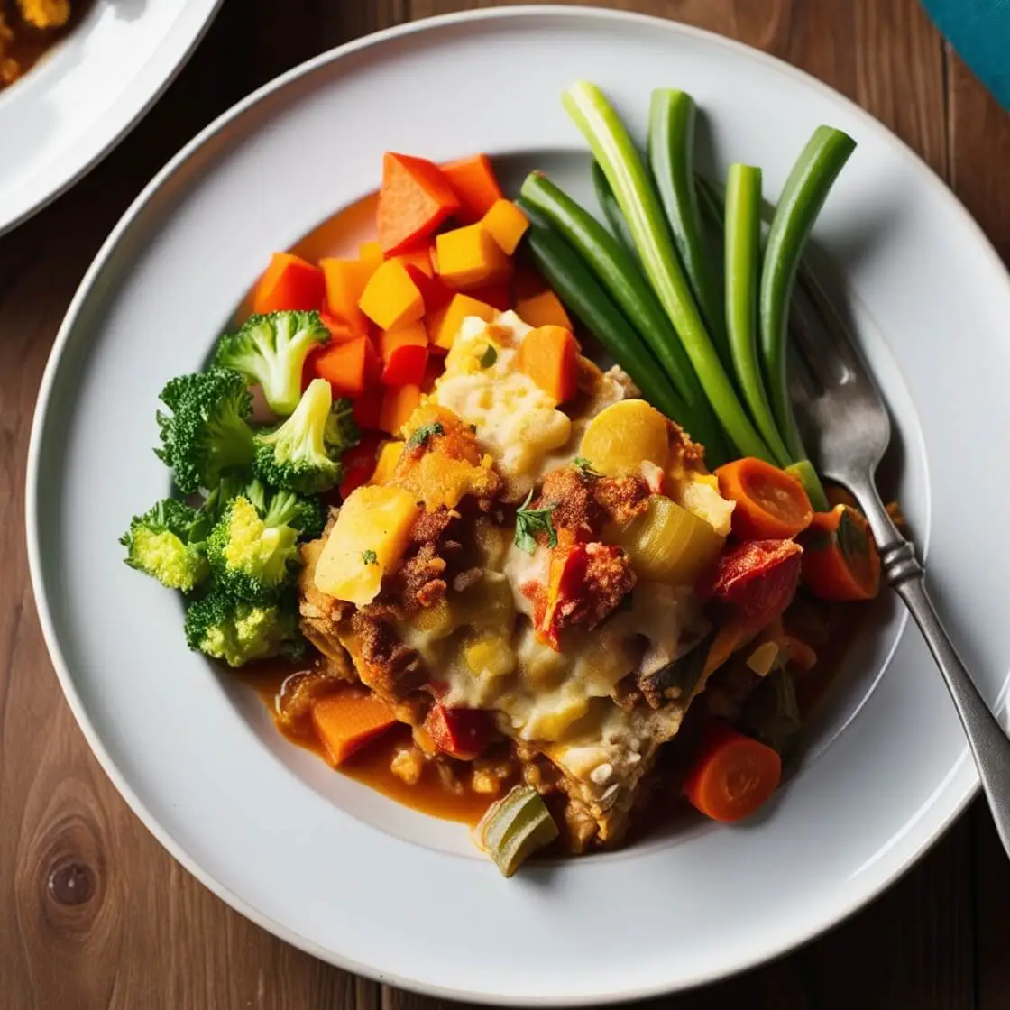 A delicious and colorful casserole served with fresh vegetable sides on a white plate