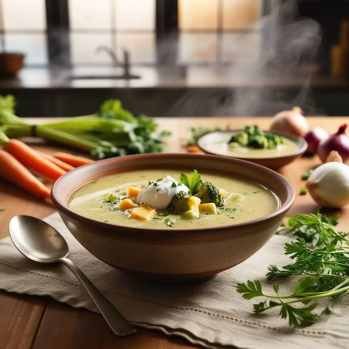 A bowl of creamy vegetarian broccoli cheddar soup with vegetable broth and rennet-free cheese, served in a cozy kitchen setting.