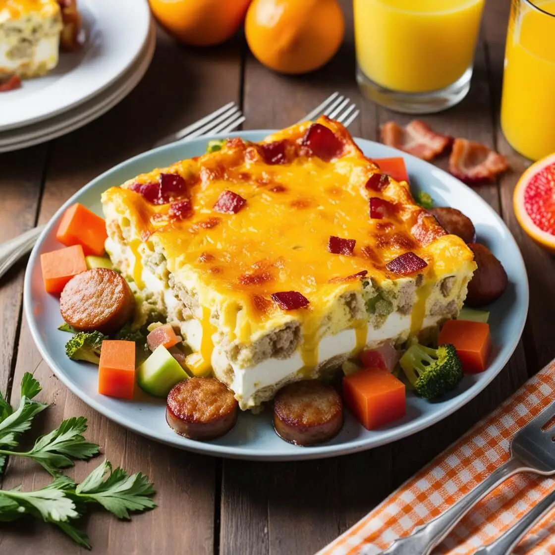 Delicious breakfast casserole with cream cheese, golden melted cheese, sausage, bacon, and vegetables, served with fresh fruit and orange juice