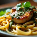 Chimichurri Chicken Thighs Pasta being assembled with sliced chicken thighs added to the pasta and chimichurri sauce drizzled over the top.