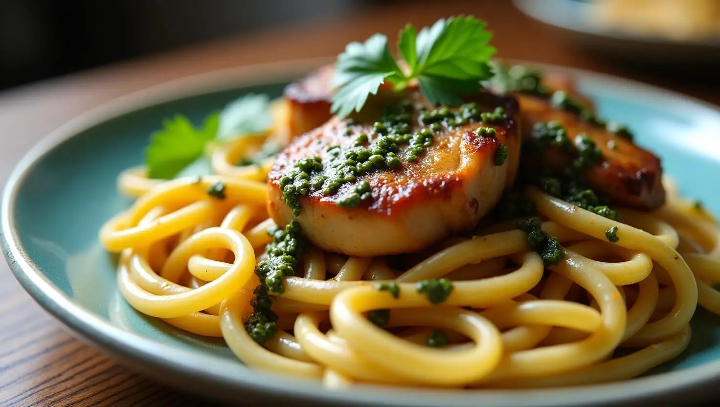 Chimichurri Chicken Thighs Pasta being assembled with sliced chicken thighs added to the pasta and chimichurri sauce drizzled over the top.