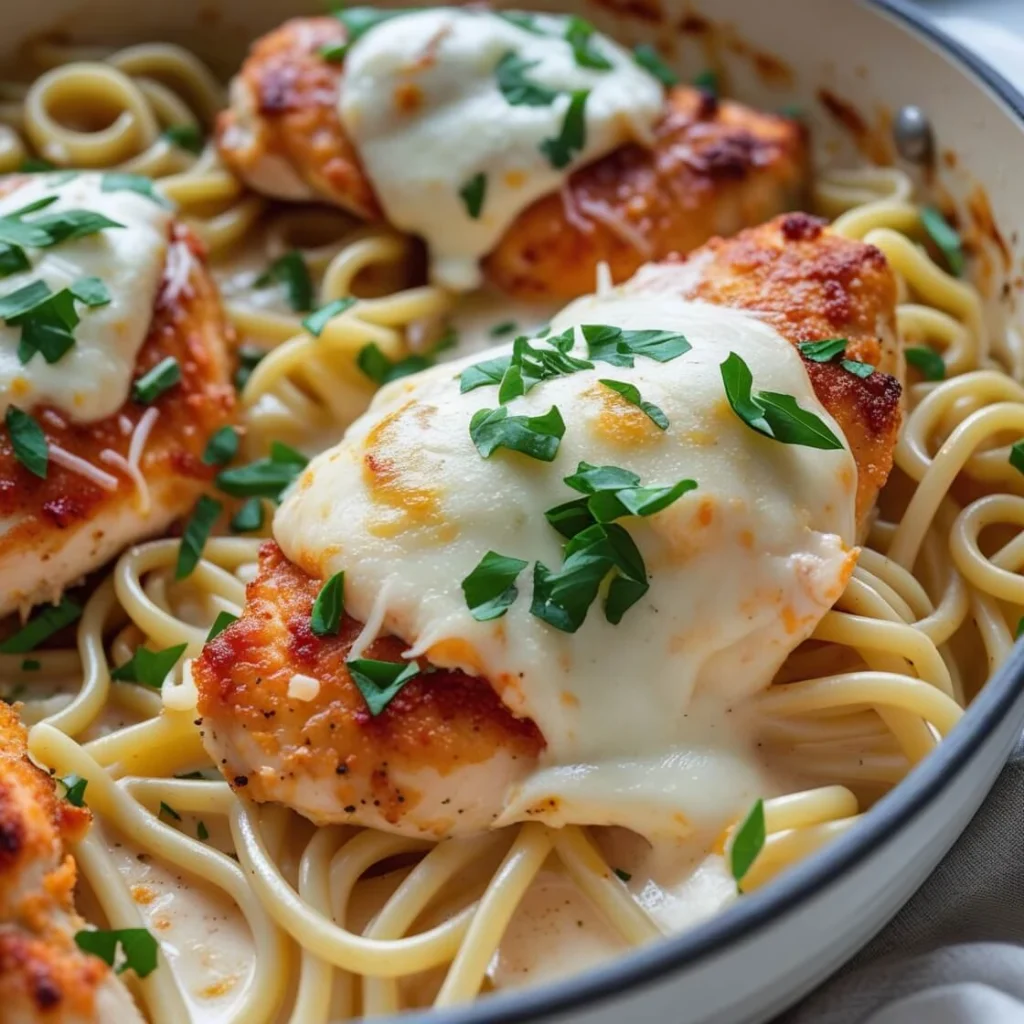A creamy Chicken Alfredo pasta with tender chicken slices and fresh parsley garnish – how to describe the smell of chicken Alfredo