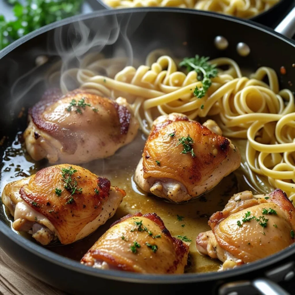 How long to cook chicken thighs for pasta dishes – tender chicken thighs cooking in a pan, ready for pasta