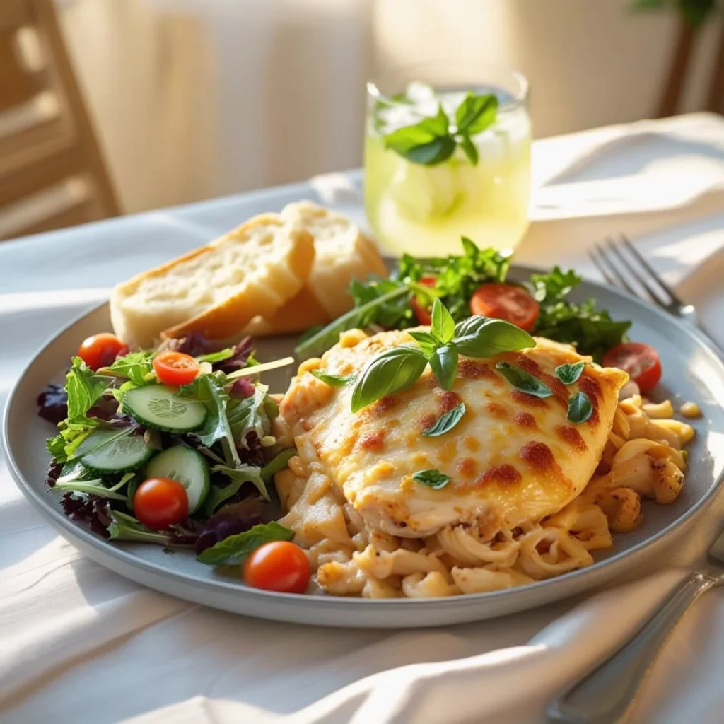 Chicken breast cooking with garlic and butter in a pan, filling the air with the rich smell of chicken Alfredo