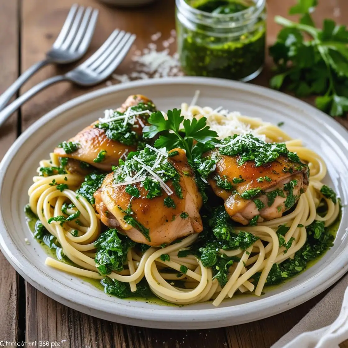 A close-up of chimichurri chicken thighs pasta, with golden-brown chicken thighs on pasta coated in vibrant green chimichurri sauce, garnished with parsley and Parmesan cheese.