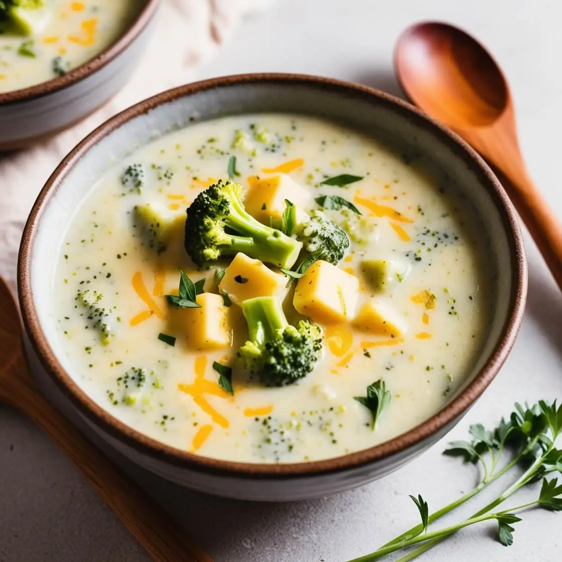 A bowl of creamy broccoli cheddar soup with melted cheese, fresh herbs, and chunks of broccoli, served with a wooden spoon