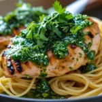 Best pasta for chimichurri chicken served with grilled chicken and chimichurri sauce on a plate