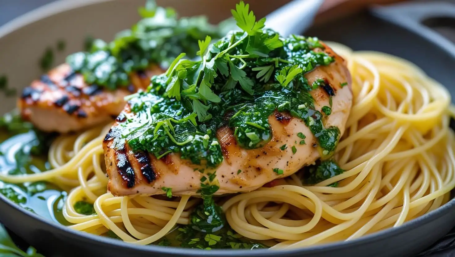 Best pasta for chimichurri chicken served with grilled chicken and chimichurri sauce on a plate