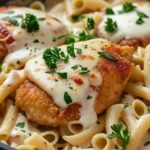 A delicious creamy Chicken Alfredo pasta dish with tender chicken slices and fresh parsley garnish – how to describe the smell of chicken Alfredo