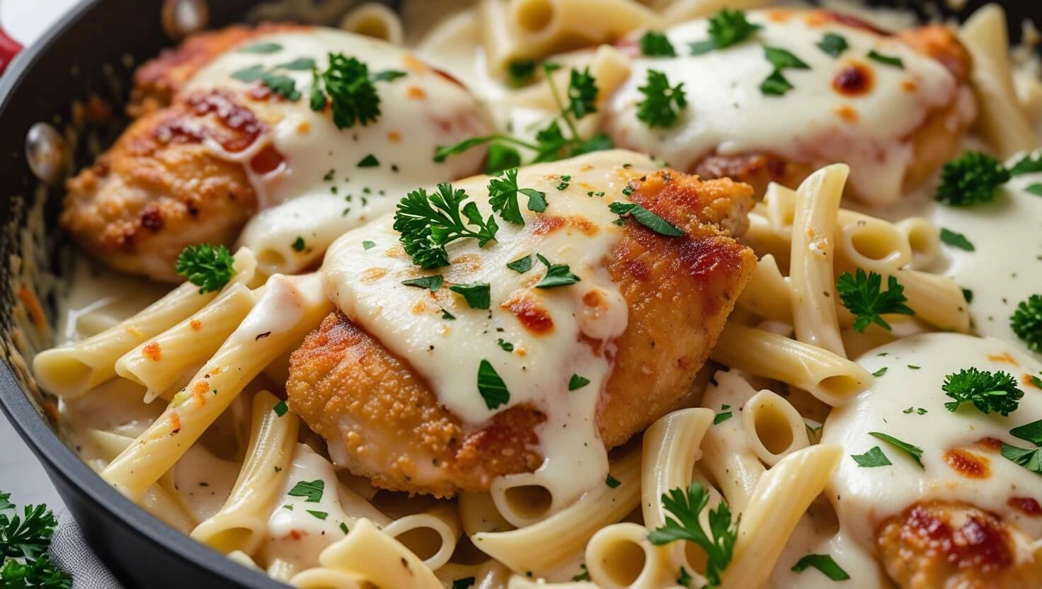 A delicious creamy Chicken Alfredo pasta dish with tender chicken slices and fresh parsley garnish – how to describe the smell of chicken Alfredo