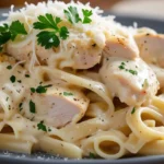 Mouthwatering plate of Chicken Alfredo with creamy sauce and tender chicken served with fettuccine pasta, showing how to make chicken Alfredo taste better