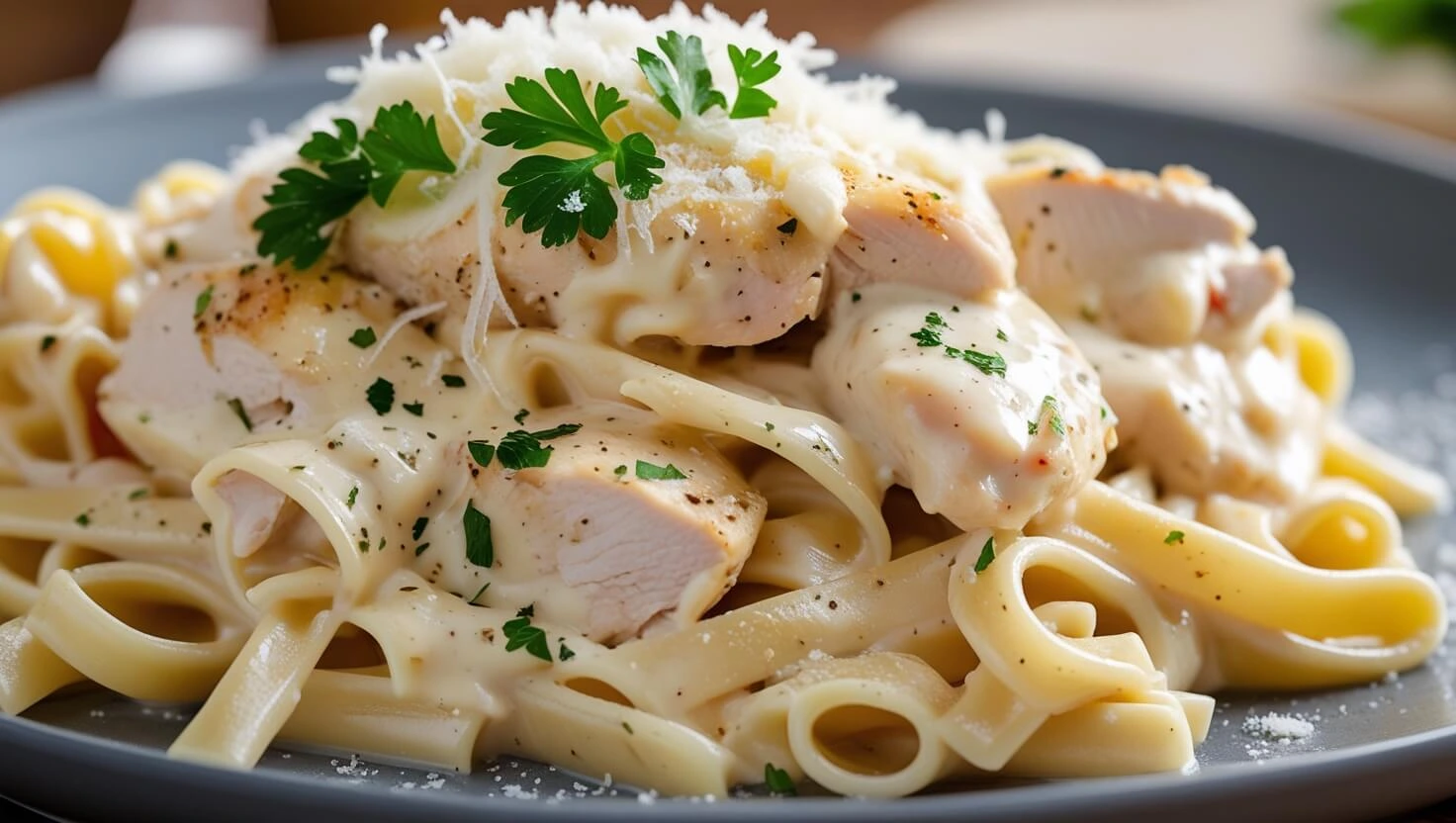 Mouthwatering plate of Chicken Alfredo with creamy sauce and tender chicken served with fettuccine pasta, showing how to make chicken Alfredo taste better