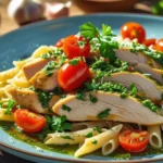 Vibrant chimichurri chicken pasta dish with tender chicken and fresh green sauce.