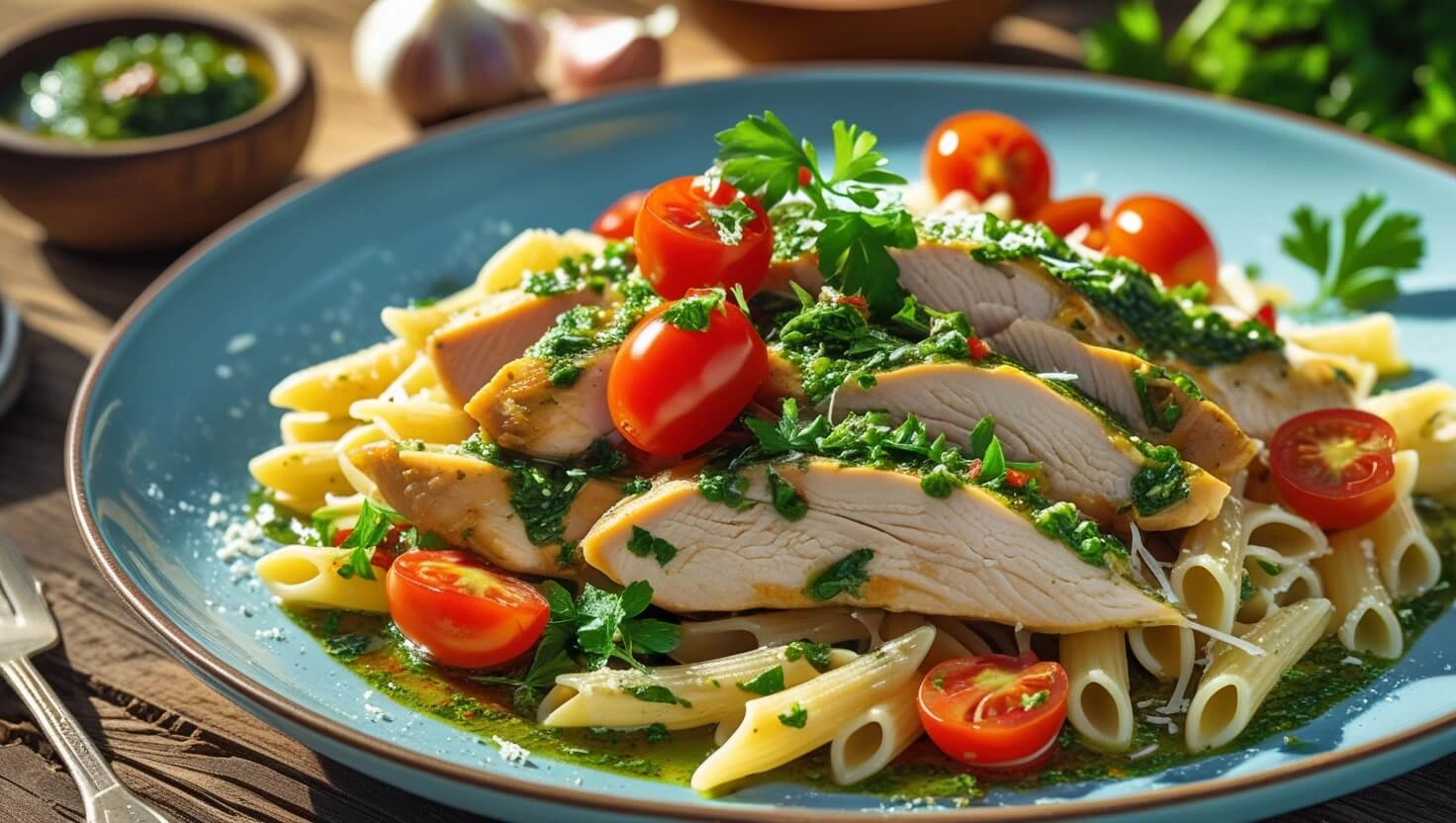 Vibrant chimichurri chicken pasta dish with tender chicken and fresh green sauce.