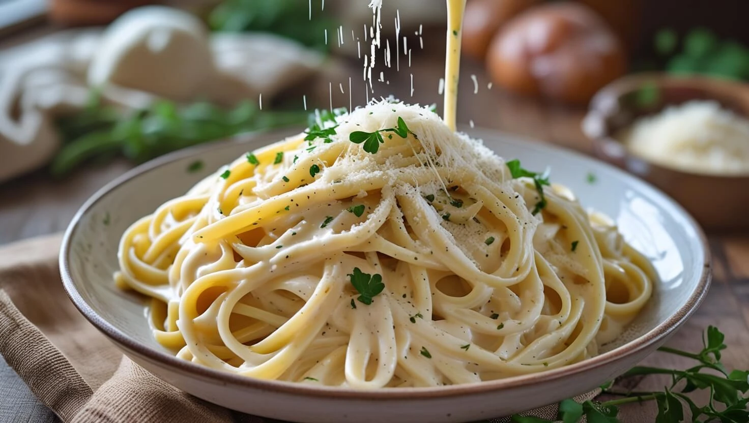 How to make Alfredo sauce taste better: A closeup of creamy Alfredo pasta with Parmesan and herbs