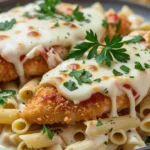 Chicken Parmesan Alfredo served on a plate with Alfredo sauce and Parmesan cheese, focus key phrase: Alfredo Sauce vs Parmesan