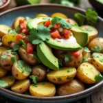 Mexican potatoes breakfast recipe served with avocado, cilantro, and salsa, showcasing a vibrant and tasty dish perfect for breakfast.