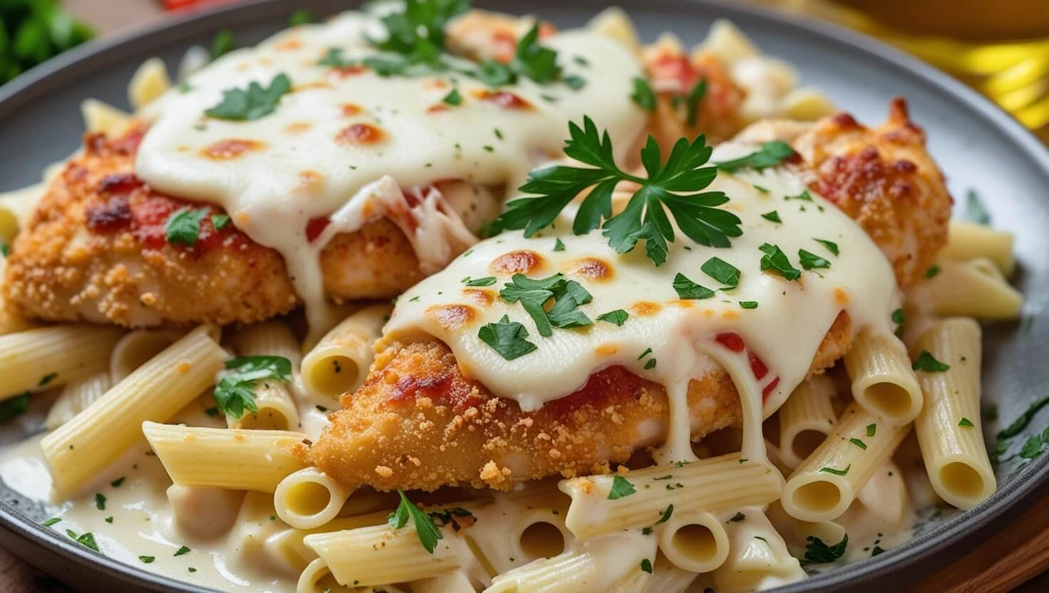 Chicken Parmesan Alfredo served on a plate with Alfredo sauce and Parmesan cheese, focus key phrase: Alfredo Sauce vs Parmesan