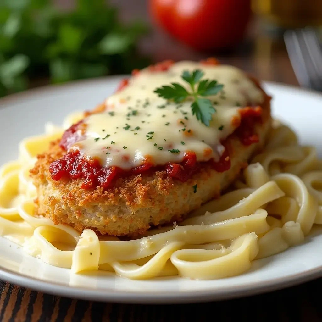 Golden chicken breast topped with melted mozzarella and Parmesan, served with fettuccine and Alfredo sauce, focus key phrase: Alfredo Sauce vs Parmesan