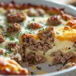 ausage cream cheese casserole in a baking dish with golden brown cheese and fresh herbs, shot in natural daylight.