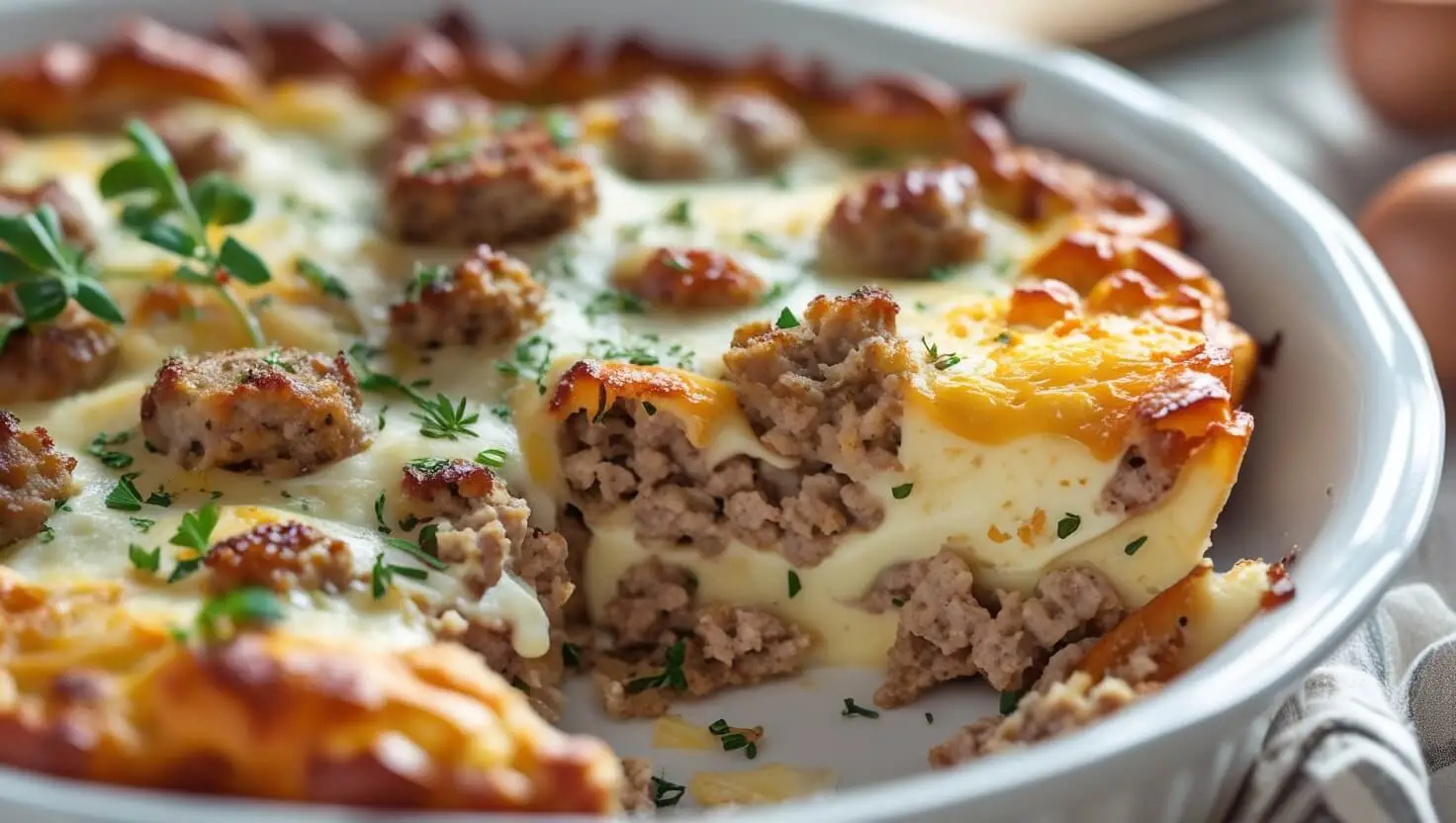 ausage cream cheese casserole in a baking dish with golden brown cheese and fresh herbs, shot in natural daylight.