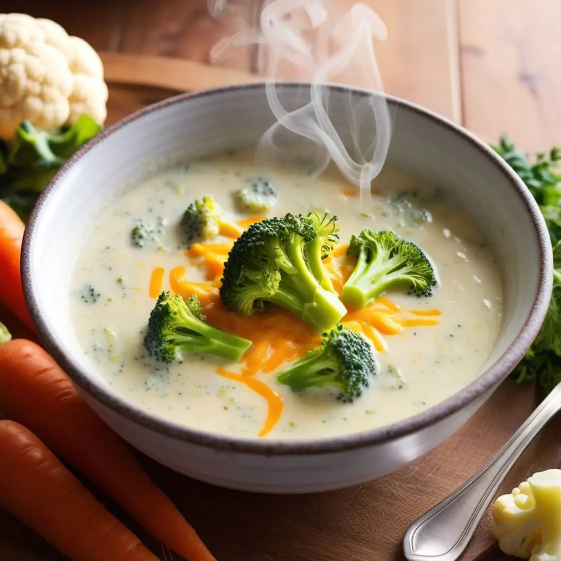 A bowl of creamy broccoli cheddar soup, garnished with broccoli florets, on a rustic wooden table with fresh vegetables around