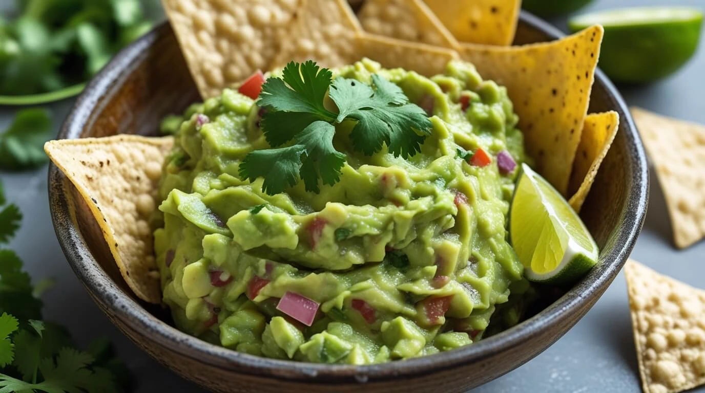 Traditional guacamole ingredients served with chips, lime, and fresh garnishes