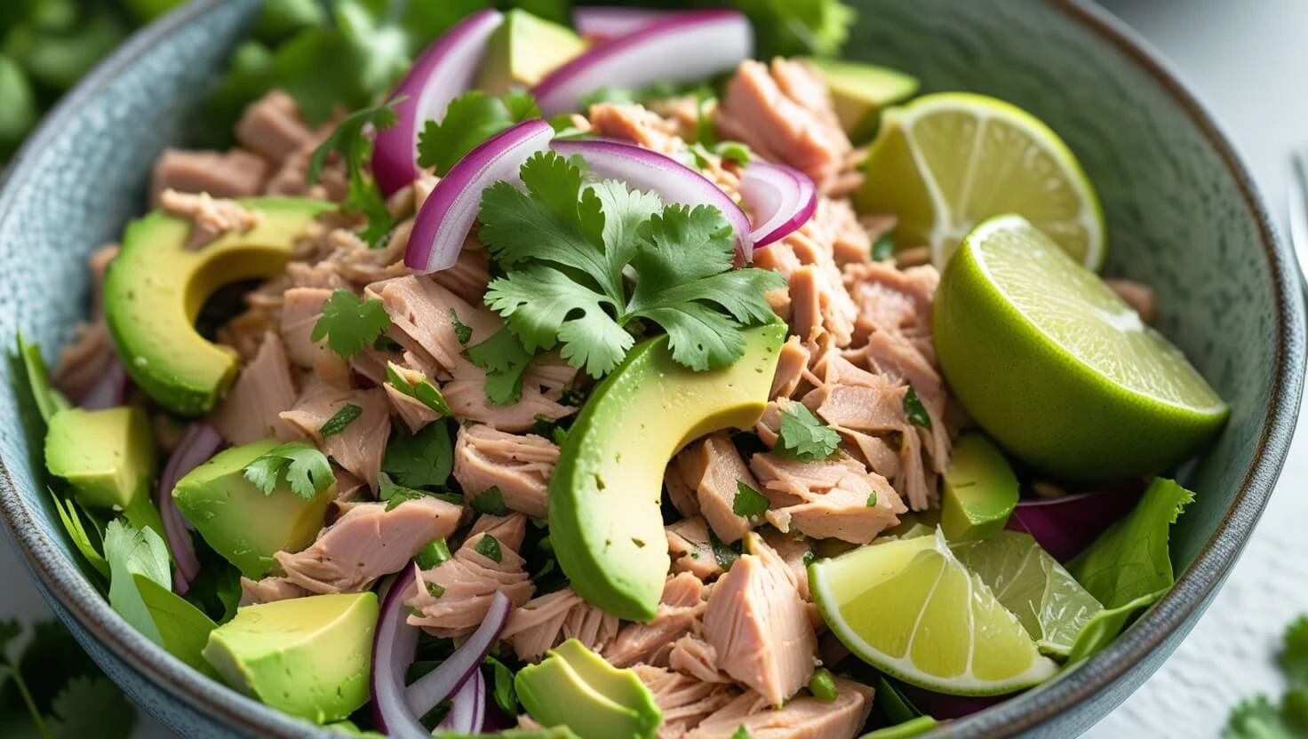 Close-up of Mexican Tuna Salad in a bowl with avocado, tuna, cilantro, and lime