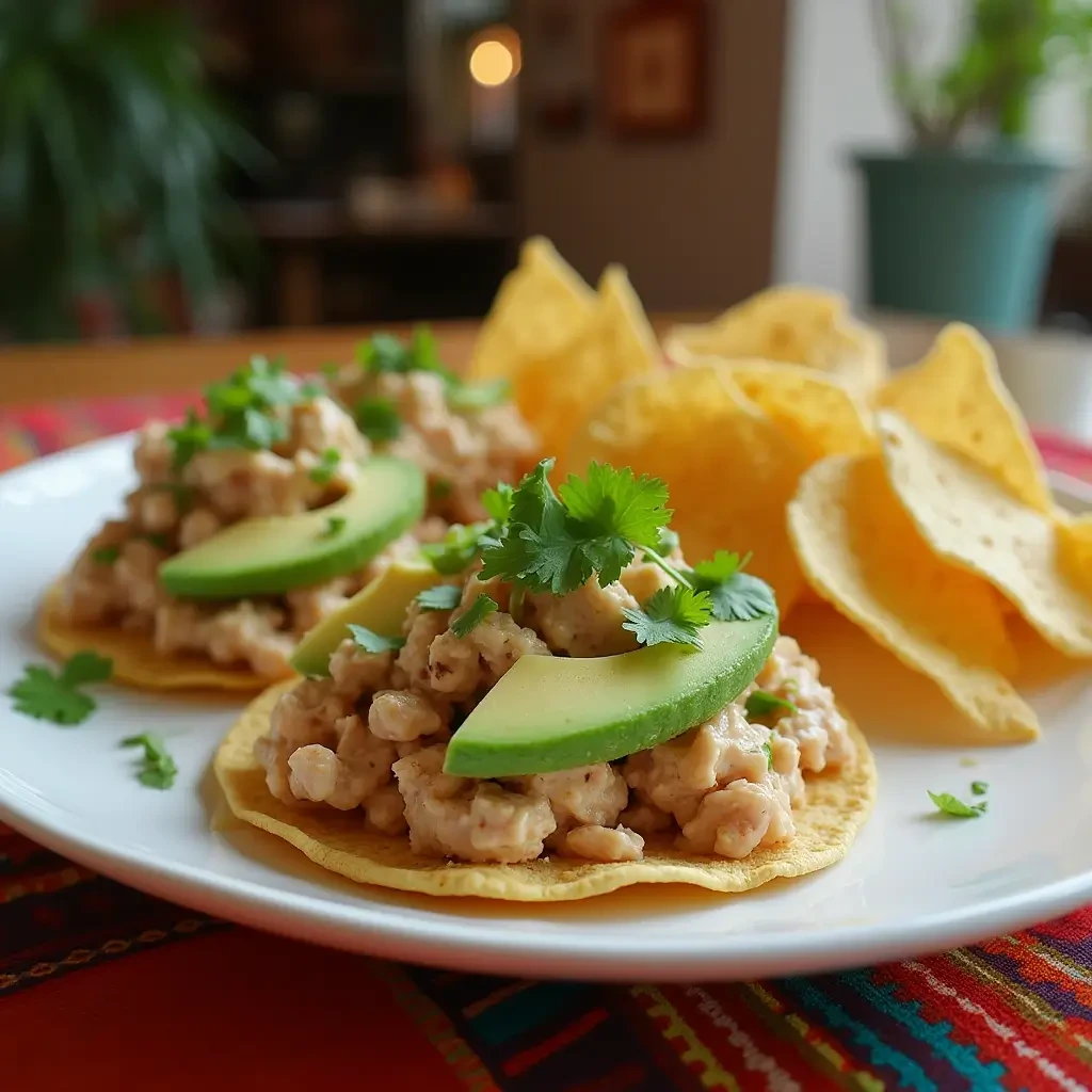 Mexican Tuna with Mayonnaise served on crispy tostadas, garnished with avocado and lime, with tortilla chips on the side