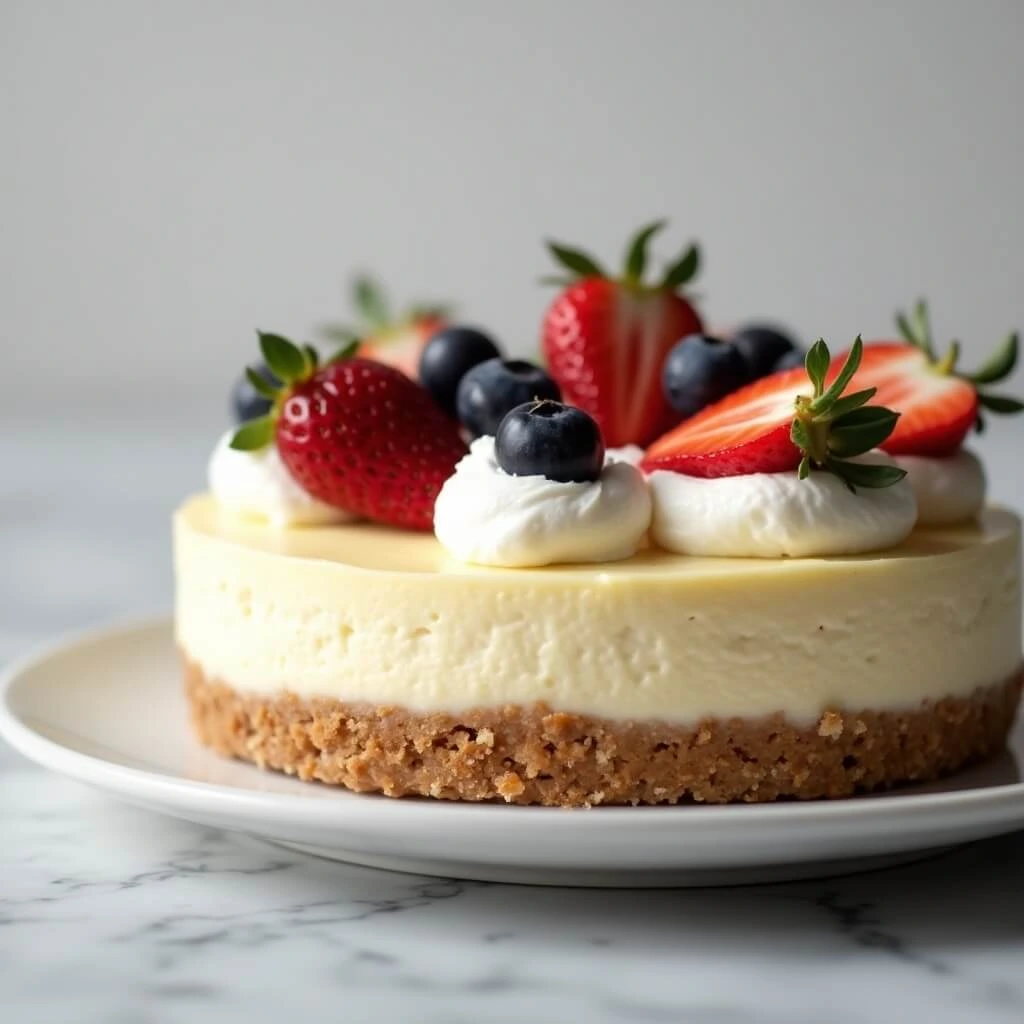 Baked vs No-Bake Cheesecake: A creamy, fluffy no-bake cheesecake topped with whipped cream and fresh fruit.