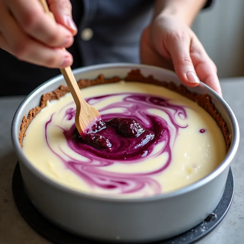 A close-up of blackberry puree being swirled into Creamy Blackberry Cheesecake batter in a springform pan