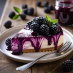 A step-by-step recipe card for creamy blackberry cheesecake, including ingredients, instructions, and baking tips