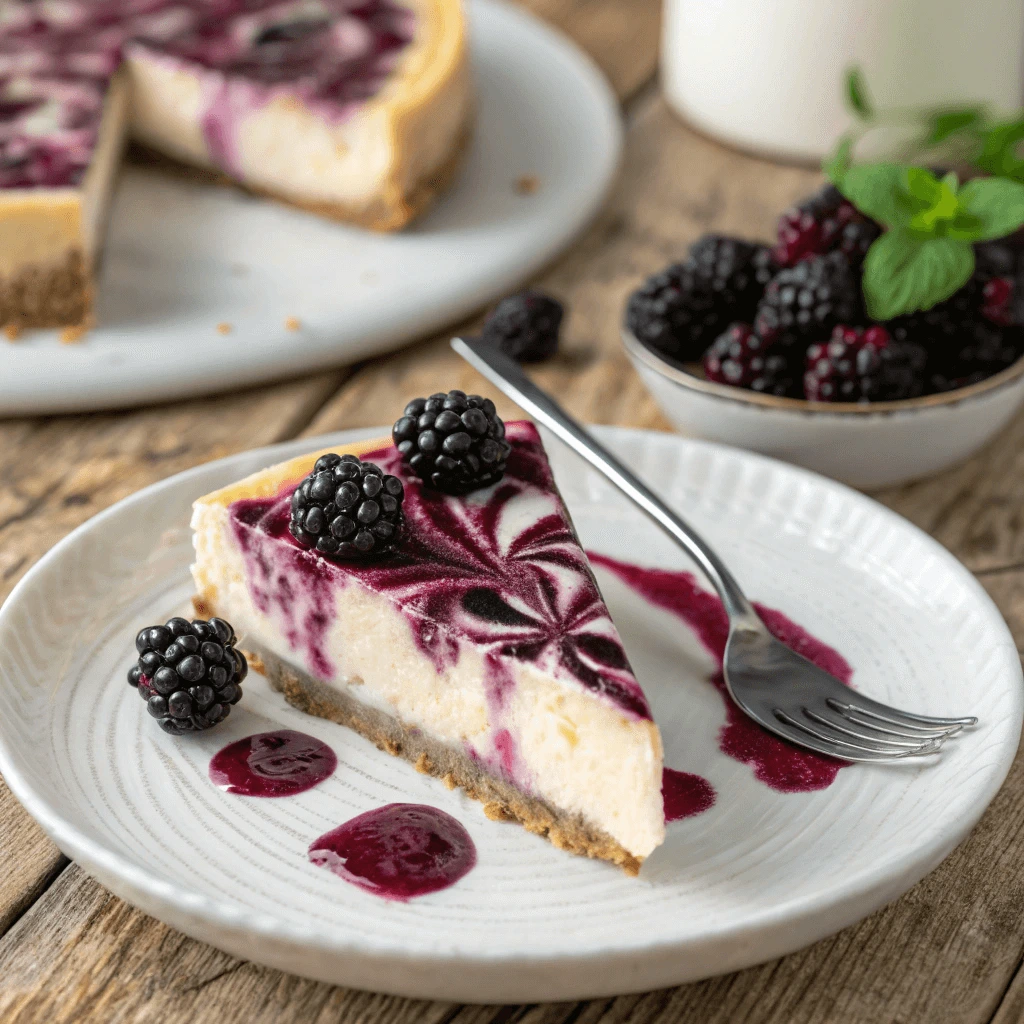 A slice of Creamy Blackberry Cheesecake on a white plate, with a fork cutting through the smooth texture.