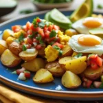 Delicious Mexican egg and potato dishes – Huevos con Papas with crispy potatoes, scrambled eggs, and avocado