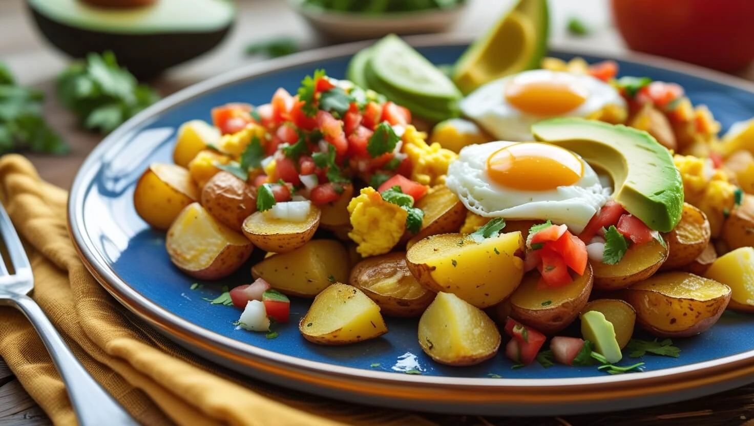 Delicious Mexican egg and potato dishes – Huevos con Papas with crispy potatoes, scrambled eggs, and avocado