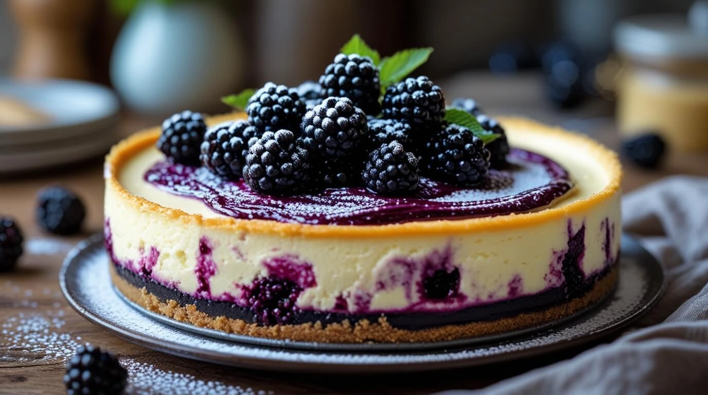 A full shot of a Creamy Blackberry Cheesecake with blackberry swirls, fresh berries, and a rustic kitchen background