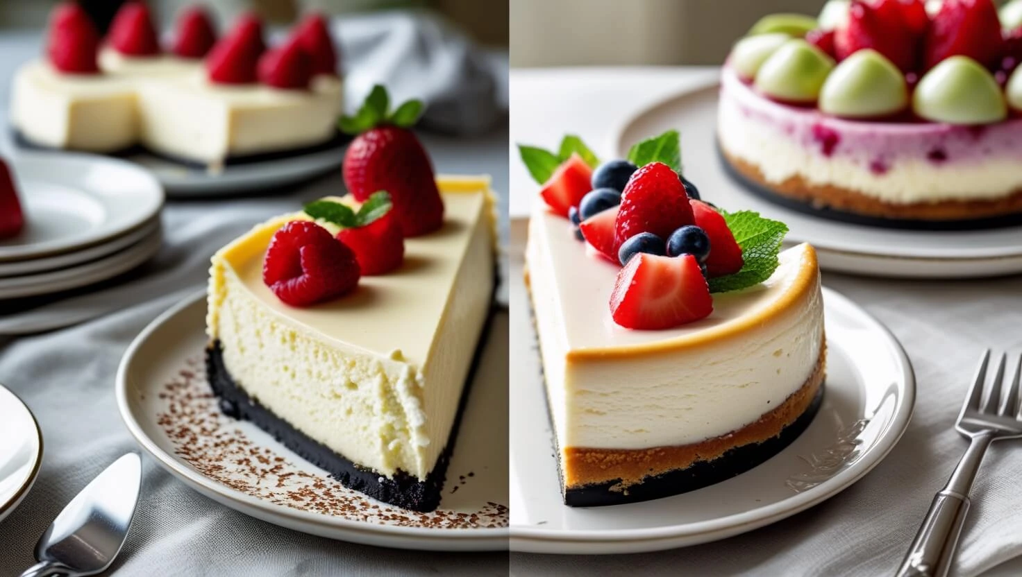 New York cheesecake and classic cheesecake side by side, showcasing their different textures and appearances.