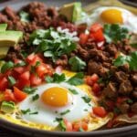 Close-up of a variety of Mexican egg dishes including Huevos Rancheros, Huevos a la Mexicana, and Huevos con Chorizo with fresh toppings and tortillas