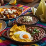 A delicious and colorful spread of authentic Mexican breakfast dishes, including chilaquiles, huevos rancheros, tamales, and café de olla, served on a rustic table.